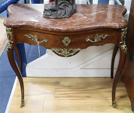 A Louis XVI-style kingwood side table with serpentine marble top and frieze drawer 97cm